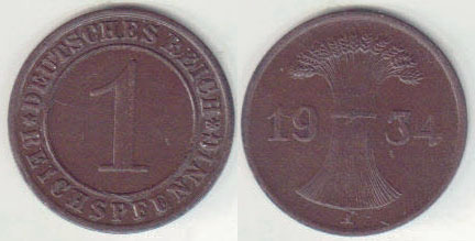 1934 A Germany 1 Reichspfennig A008163